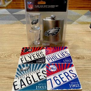 Phila Eagles shot/flask glass set and Phila sports coaster’s